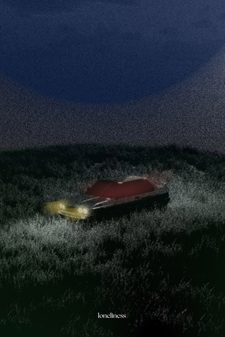 a poster deisgned with Photoshop, which a car stationary with a texte 'loneliness