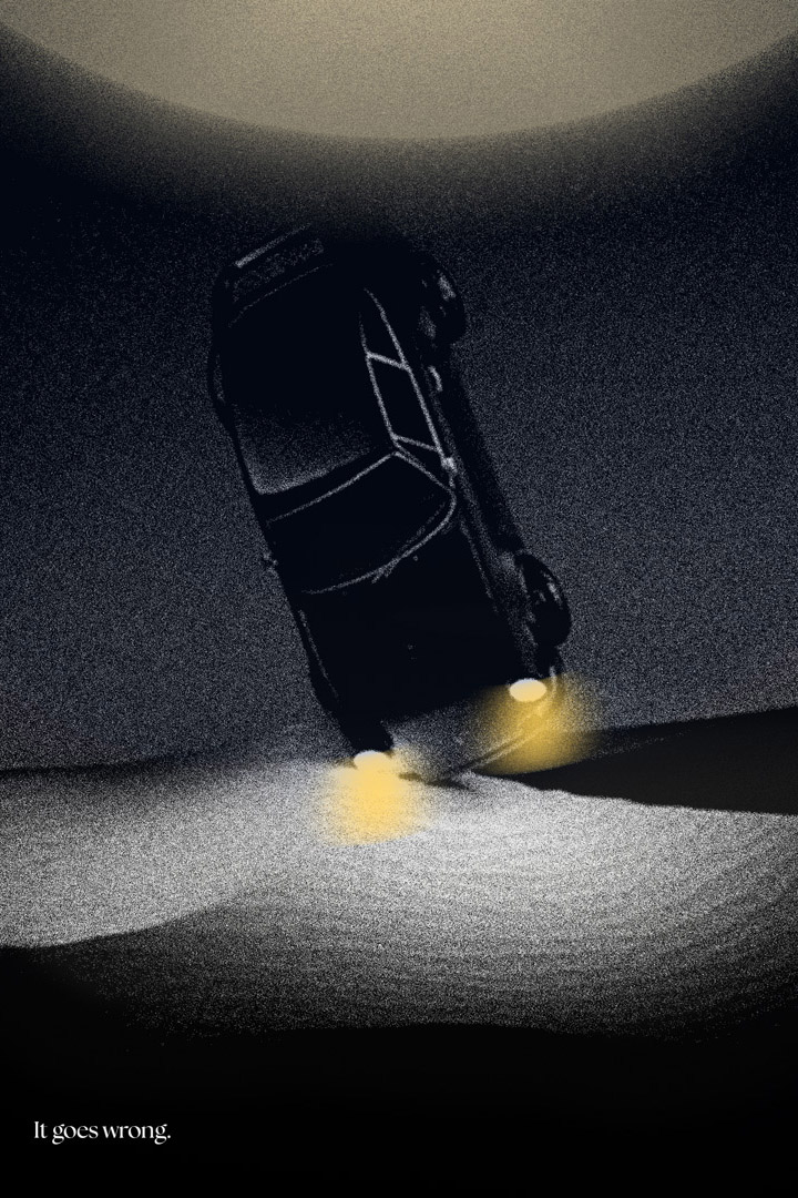 a poster deisgned with Photoshop, which a car falls vertically onto sand with a texte 'it goes wrong