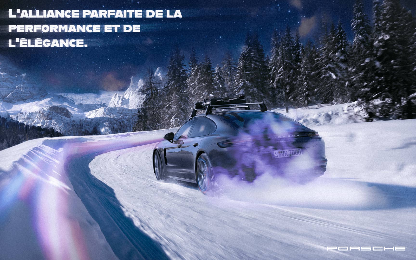 a poster of a Porsche designed and edited with Photoshop